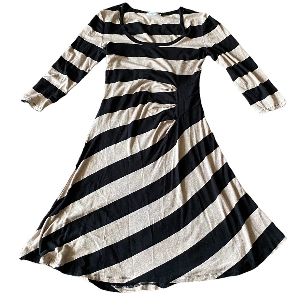 Calvin Klein Wm’s Sz 4 Black Brown Striped Ruched Soft Jersey BodyCon Midi Dress